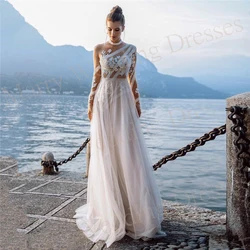 Boho High Neck Wedding Dresses Full Sleeve Appliques Lace A Line Bride Gowns Tulle Floor Length Vestidos Novias Boda Customized