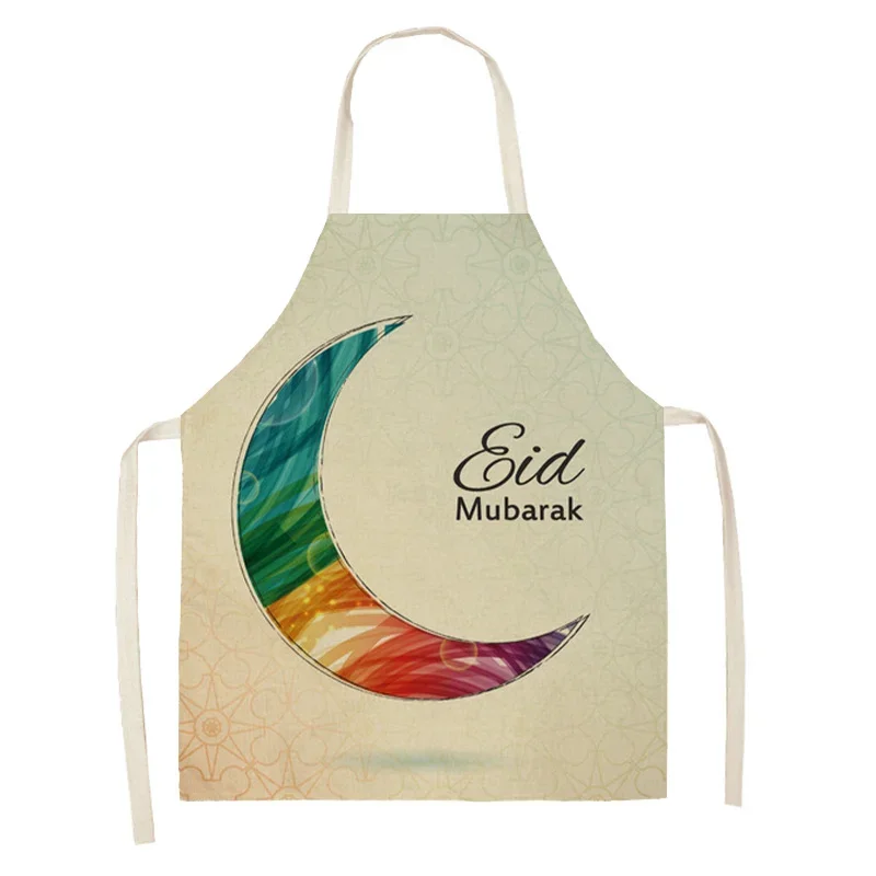 Eid Mubarak Printed Home Cooking Baking Waist Bib Muslim Ramadan Kareem Kitchen Apron for Women Star Crescent Cotton Linen Decor