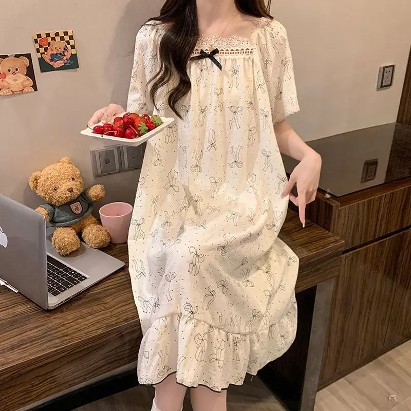 Plus Size Princess Style NIghtgown Summer Short Sleeve Pajamas Dress Korean Floral Cloud Cotton Loose Loungewear Home Clothes view 4