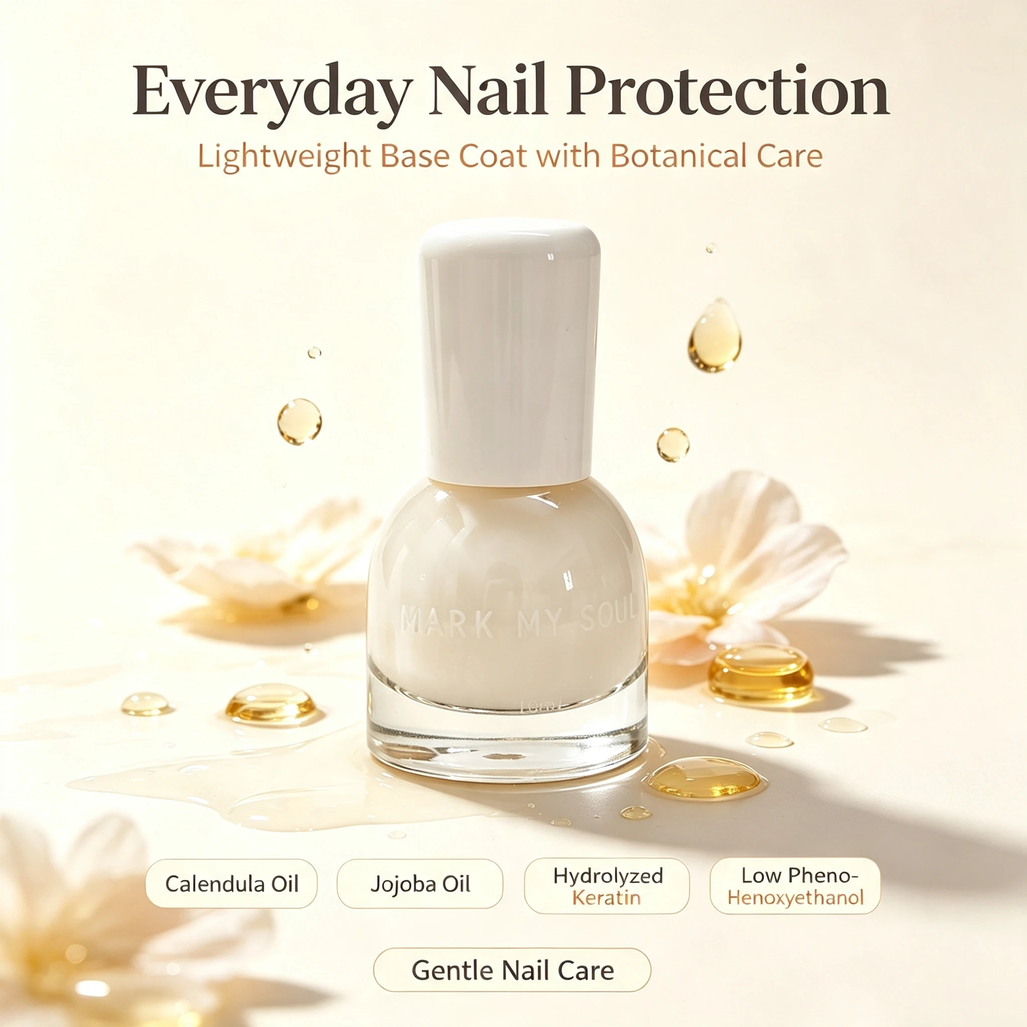 MARK MY SOUL Base Coat Nail Polish, Nourishing Protective Nail Base Coat, Natural Formula Prevents Nail Staining, Quick Air Dry,