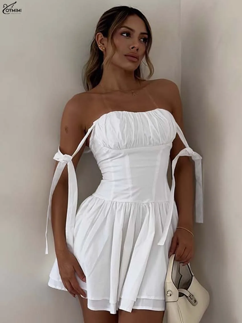 

Oymimi Fashion White Zipper Women's Dress Elegant Spaghetti Strap Open Back Dresses Autumn High Waisted Pleated Mini Dresses