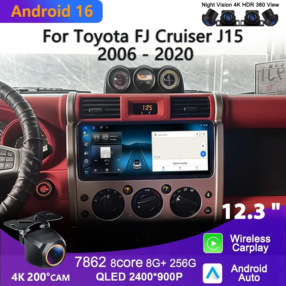 12.3 inch Android 16 Radio For Toyota FJ Cruiser J15 2006 - 2020 GPS Navigation High-performance CPU Stereo Multimedia Player 5G
