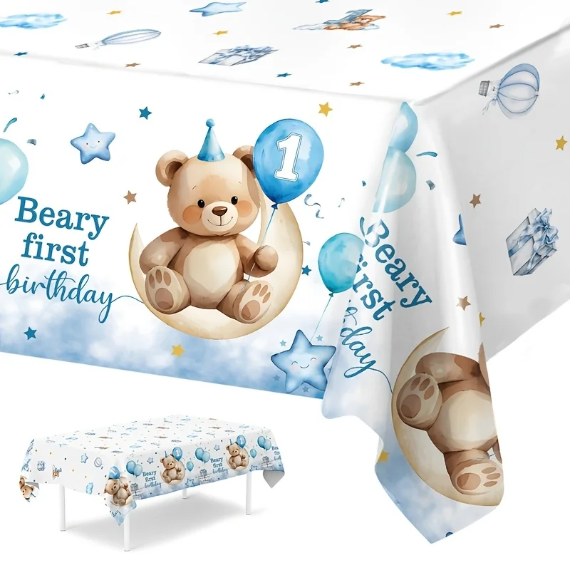 1pc,wedding decorations,summer decoration,garden decor for outside,outdoor decor, Blue Bear Birthday Tablecloth, 220*130cm, Happ