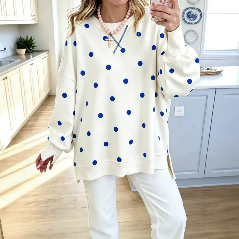 New Autumn Polka Dot Cross-border European and American Women's Top Loose Pullover Printed Color Contrast Long-sleeved Fashion