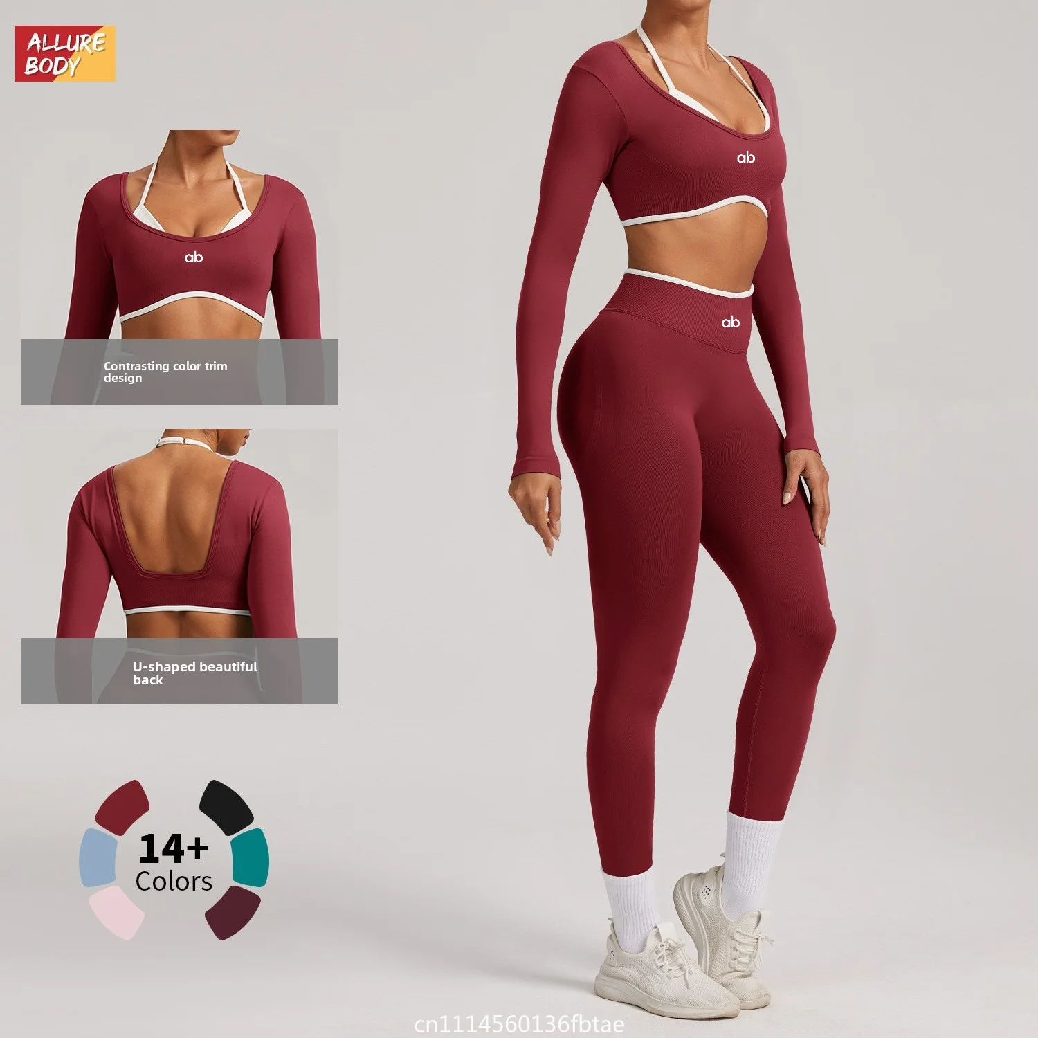 Women 2Pcs Seamless Yoga Set Long Sleeve Open Back Crop Top High Waist Leggings Push‑Up Fitness Outdoor Running Sportswear