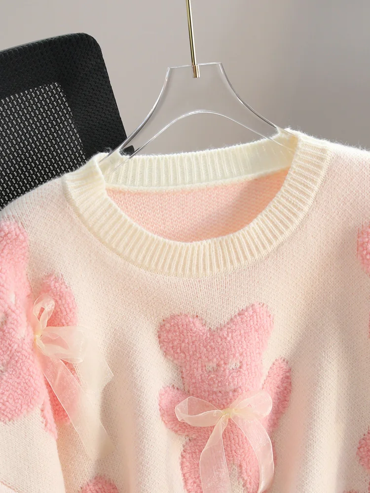 Women Pink Bear Knitted Pullover Sweater Elegant Harajuku Aesthetic Y2k long Sleeves O-Neck Sweater Jumper Vintage 2000s Clothes