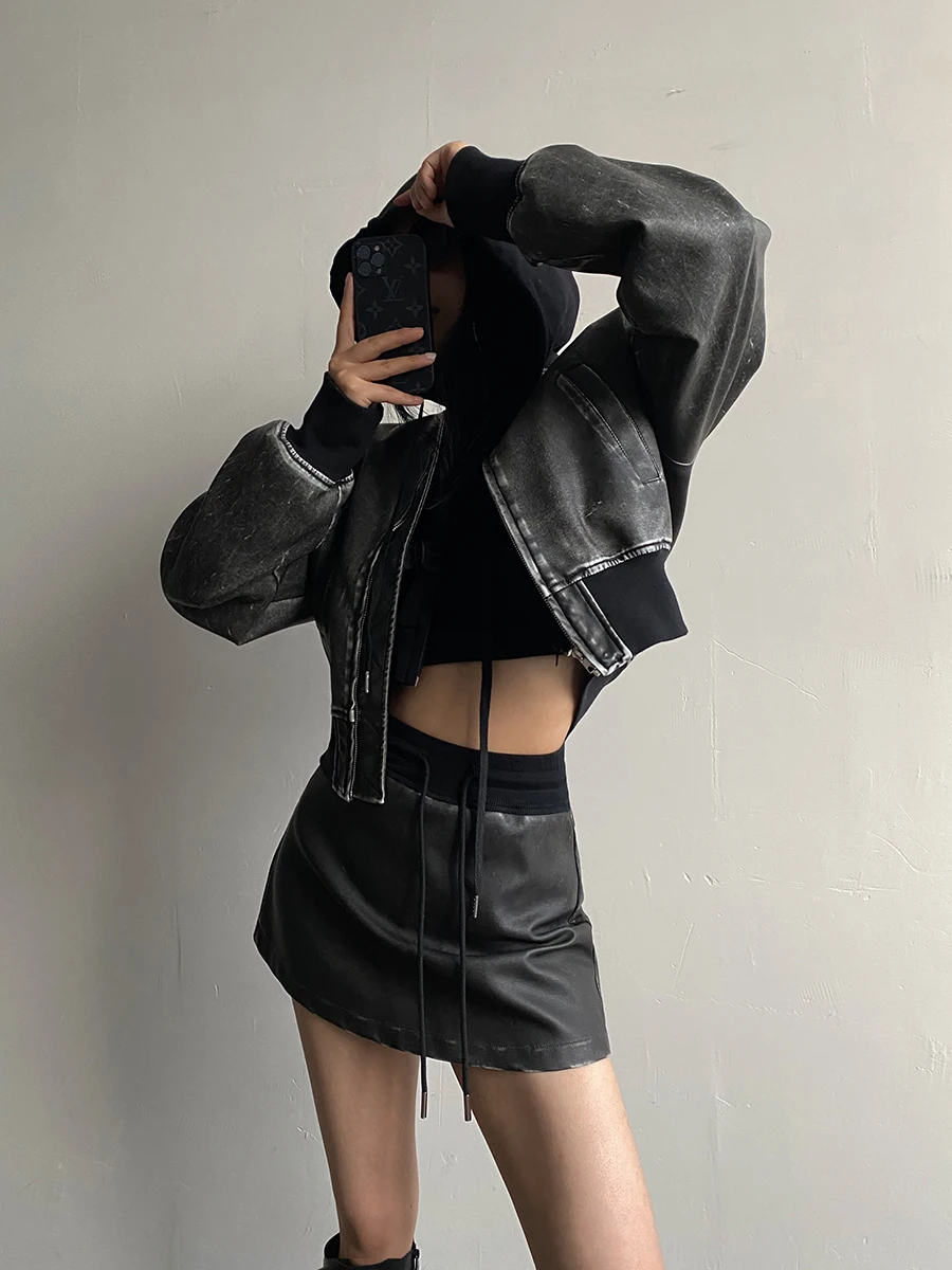 Edging Antique Finish American Motorcycle Clothing Design Sense Niche PU Leather Women\'s Clothing Retro Loose Short Coat Trend