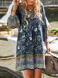 Letnie kwiatowe w stylu boho sukienka z nadrukiem ZANZEA kobiety 3/4 rękaw V Neck sukienka letnia na święta szata Femme Vintage plaża Vestidos Kaftan