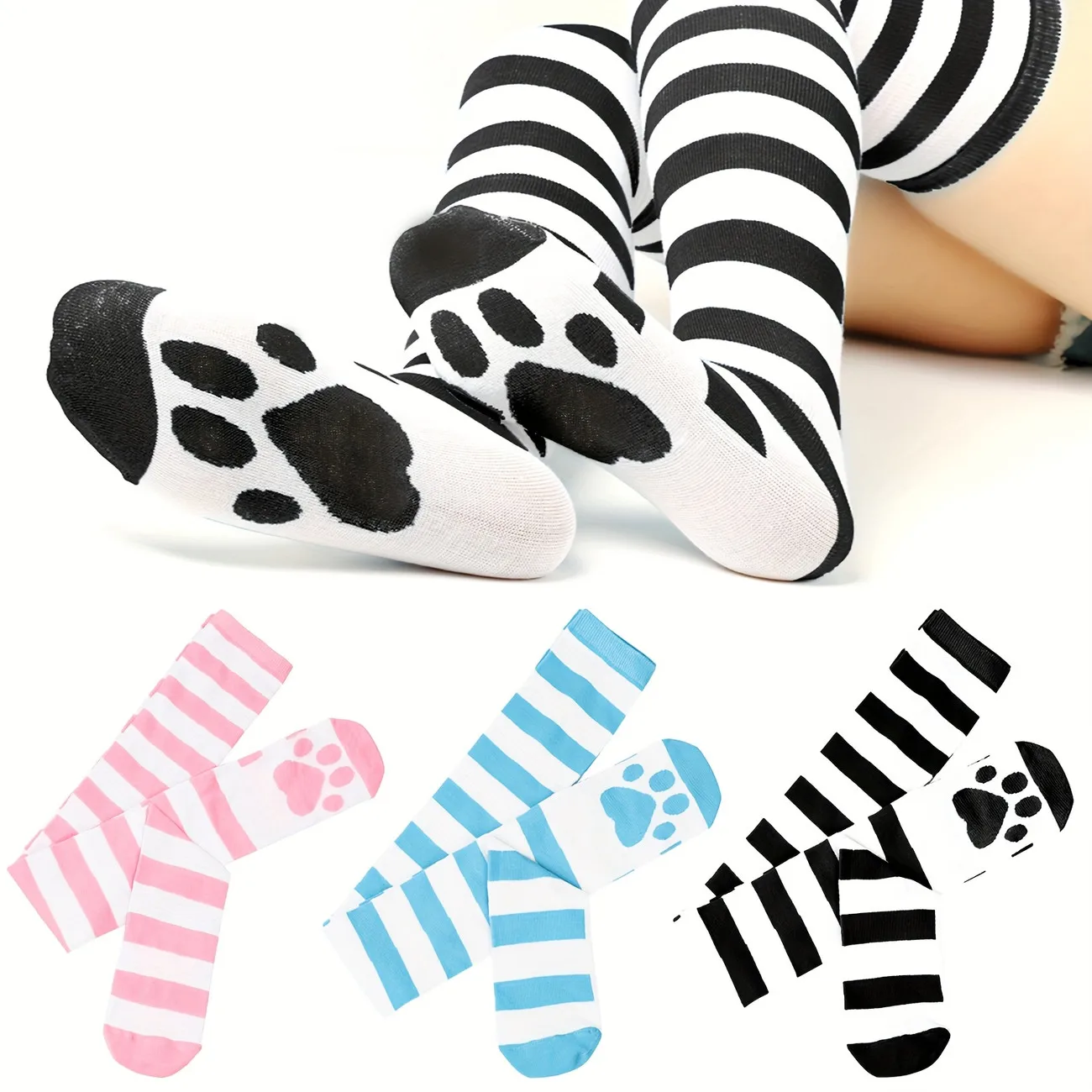 Gestreifte Overknee-Socken mit Katzenpfoten-Motiv für Damen, Oberschenkelhohe Strümpfe, niedliche, weiche Stretch-Strümpfe für Schule, Party, Cosplay – Detail 2