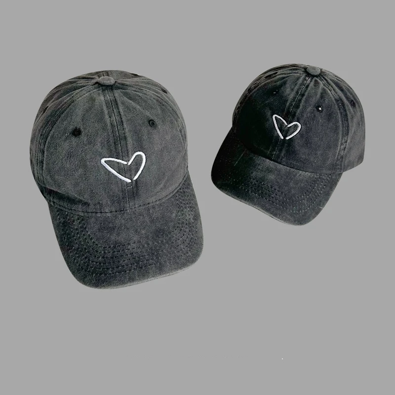 2PCS Parent-child Love Embroidered Baseball Hat Washed Soft Top Men Women Duck Tongue Hat Kids Girl Boy Casual Versatile Hat