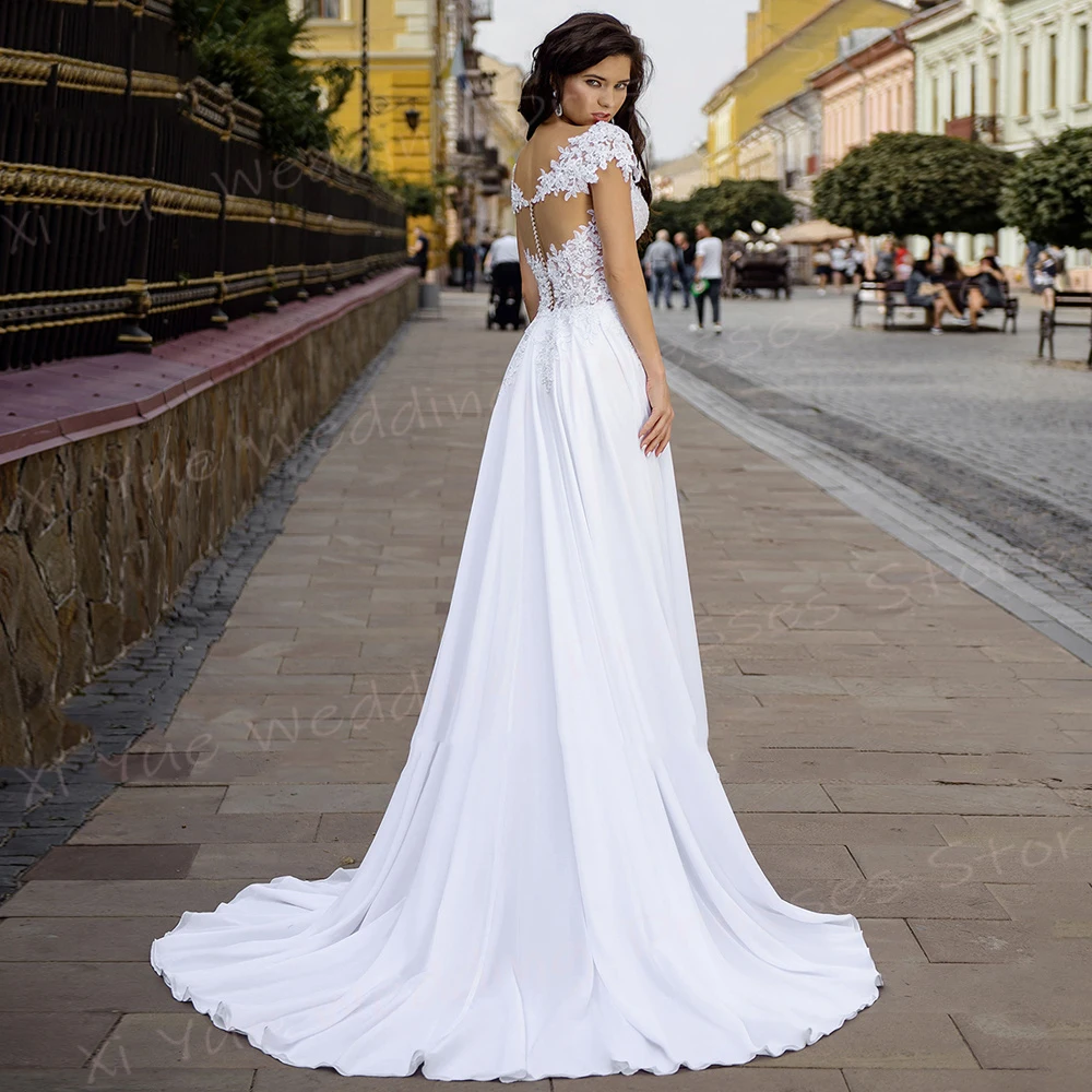 Vestidos De novia De línea A con cuello en V para mujer, Apliques De encaje románticos, vestidos De novia De manga corta con botones, Vestido De playa encantador