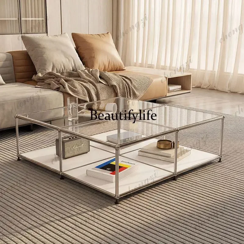 Stainless steel glass coffee table medieval module combination double-layer coffee table modern simple living room side table