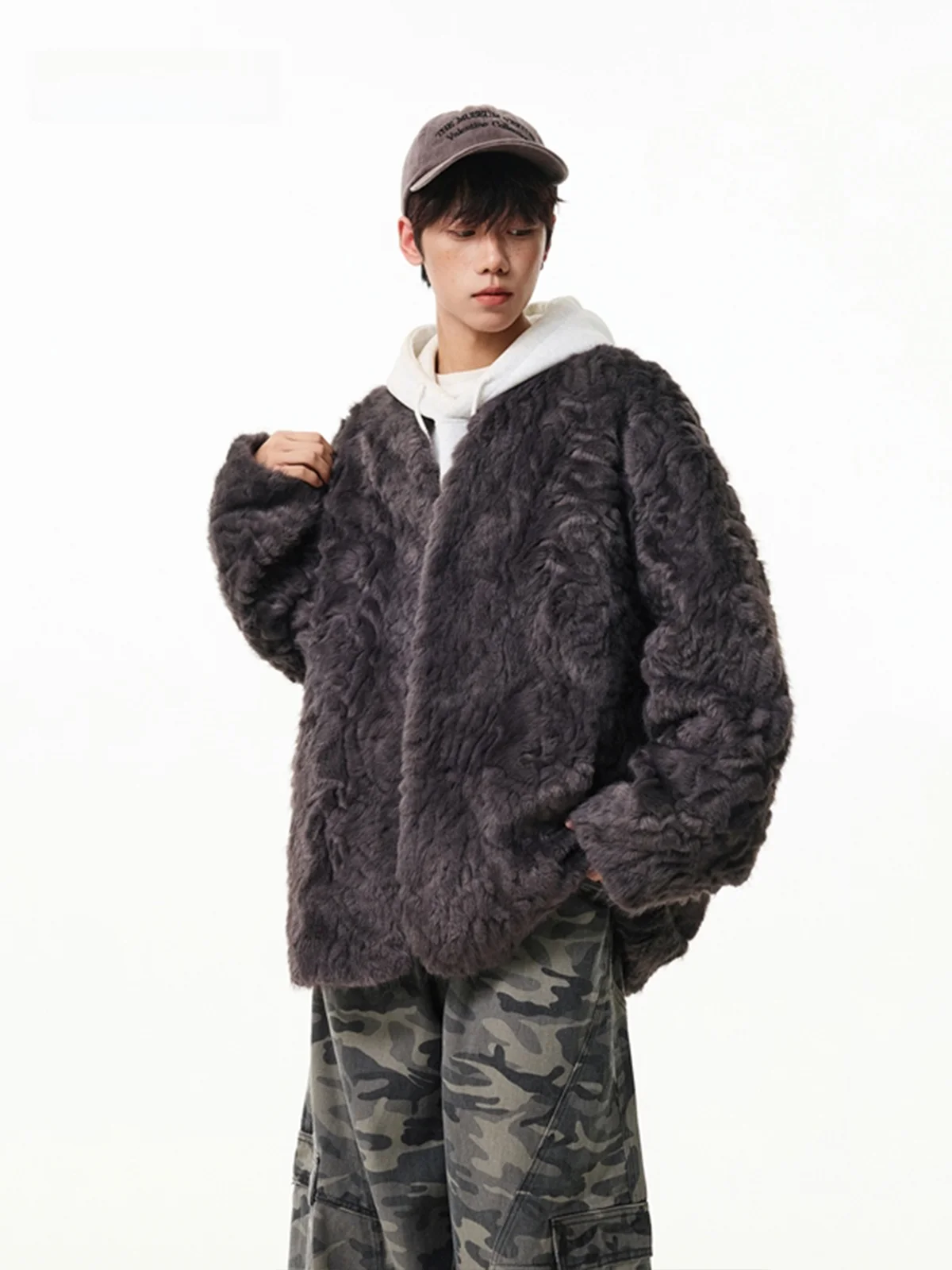 

Retro Thiened Men's Lamb Fur Jaet Winter Warm Cotton Coat Casual Loose Fit Polyester Fiber Long Sve Pure Color Jaet