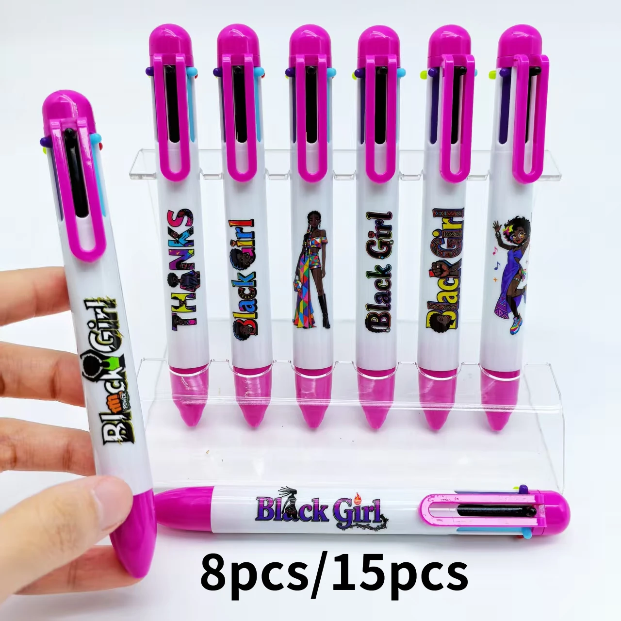 

8pcs/15pcs Black Girl Series multi-color pens, multi-color switching writing pens, essential gift pens for workplace commuting
