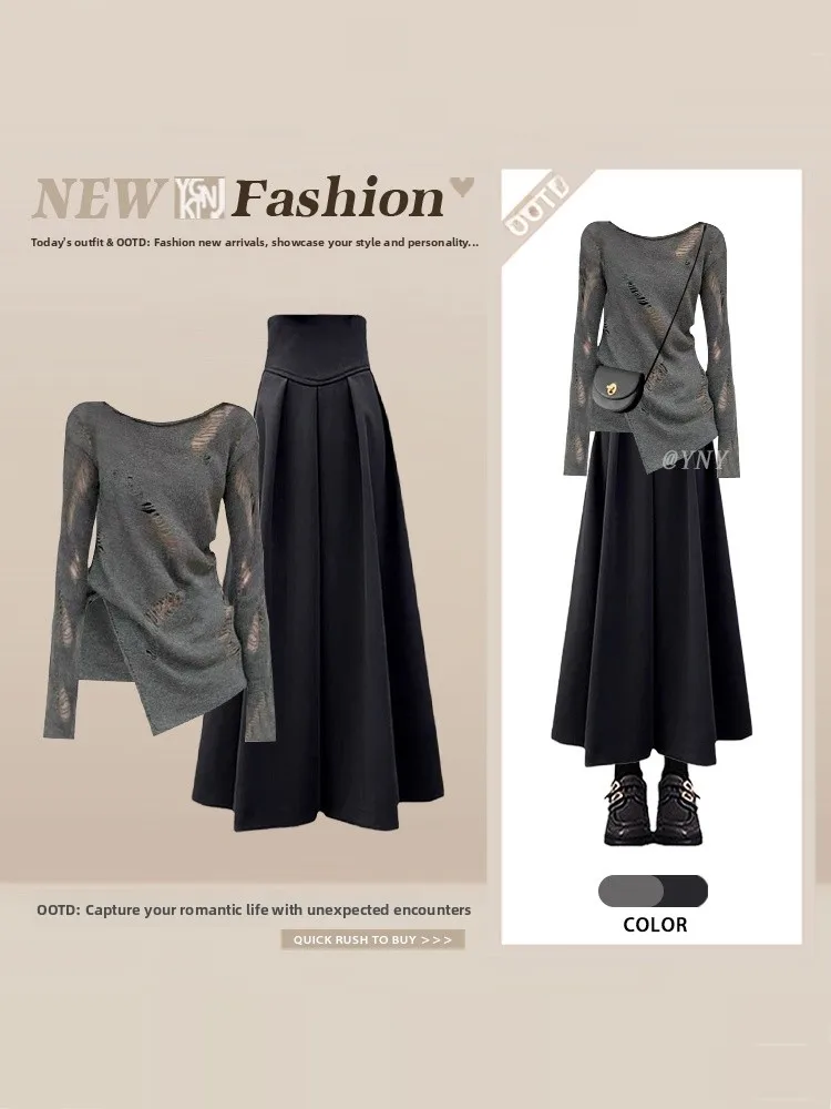 

Grey Sexy Hole Loose round Neck Cover up T-Shirt Top Spring Summer High Waist Skirt Long Two Piece Set Women's Fashion