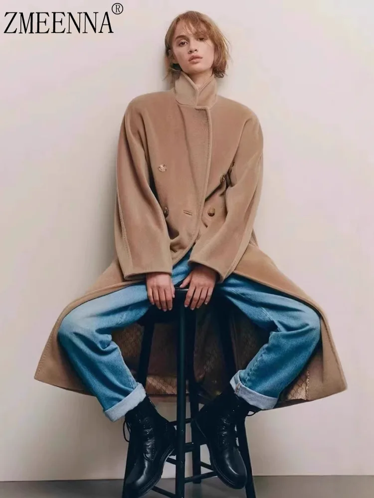 

ZMEENNA Women Classic Camel Wool Blend Long Coat Elegant Double-Breasted Winter Overcoat Notched Lapel Jacket Wear ZM3459