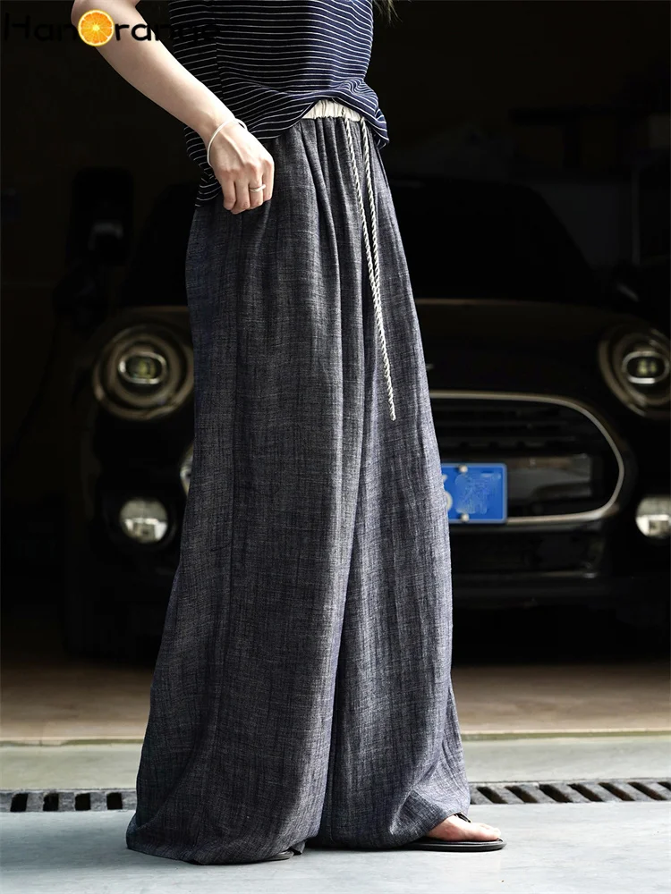 HanOrange 2025 Summer Splicing Linen Casual Pants Women Retro Drip Dry Breathable Trousers Black Gray
