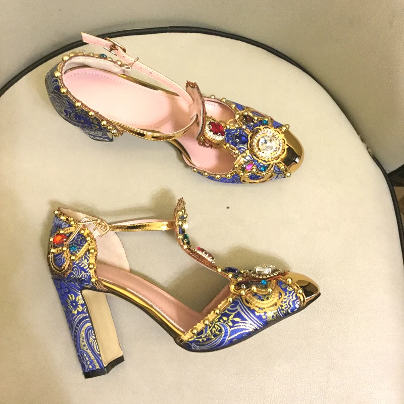 Rhinestone Gem Pearl Embellished Print Flower Embroidery T-belt Sandals Women's Mary jane Pumps Block Heel Gold Toe Shoes