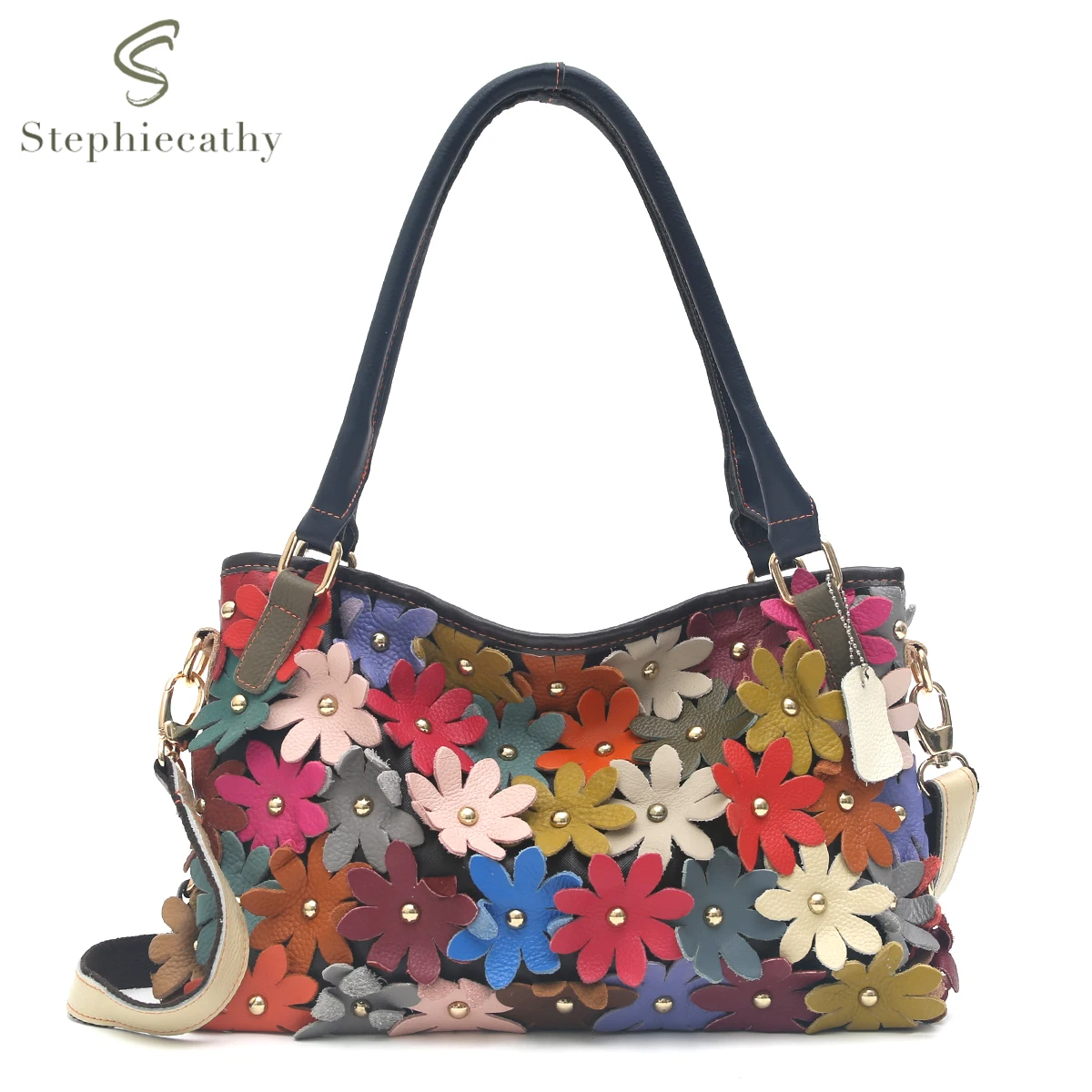 SC Brand Design Colorful Leather Flowers Applique Handbags Women Vintage Casual Cowhide Patchwork Tote Shoulder Cross body bags