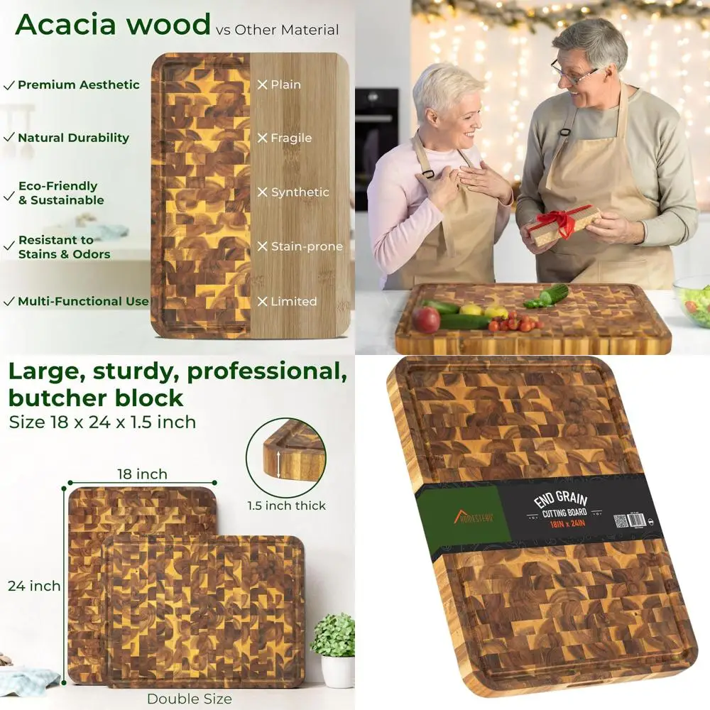 

Large Acacia Wood Butcher Block, 23x18x1.5, with Juice Groove & Handles, Ideal for Chopping and Serving