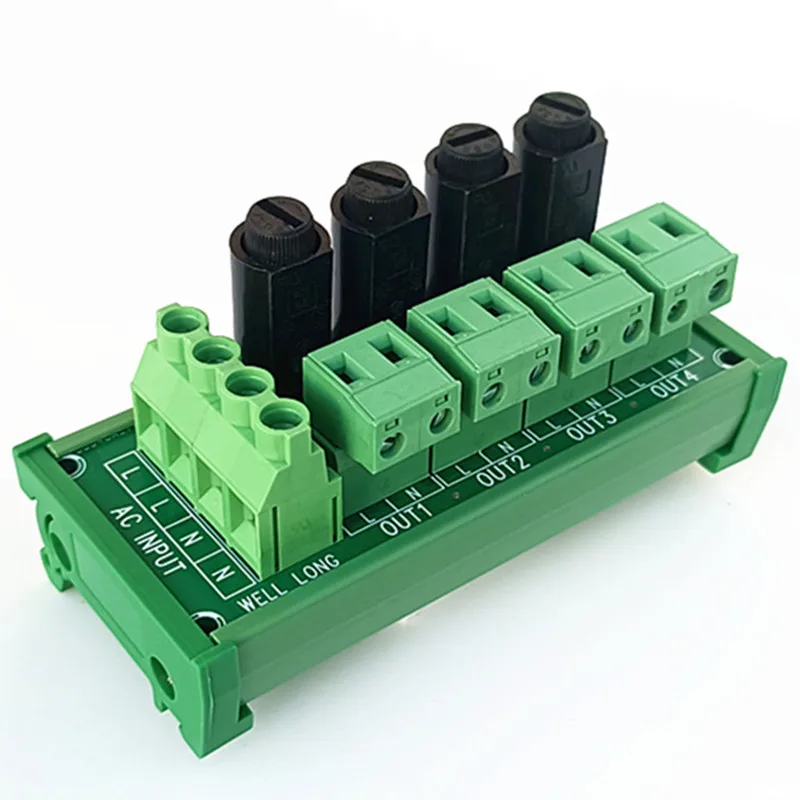 DIN Rail Mounted AC 24-250V 4 Channel Pluggable Terminal Block Distribution Fuse Module.