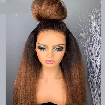 Synthetisches Haar Ombre blond braun Yaki 26 Zoll weich verworrene gerade Spitze Front Perücke schwarze Frauen mit Babyhair vor gezupft