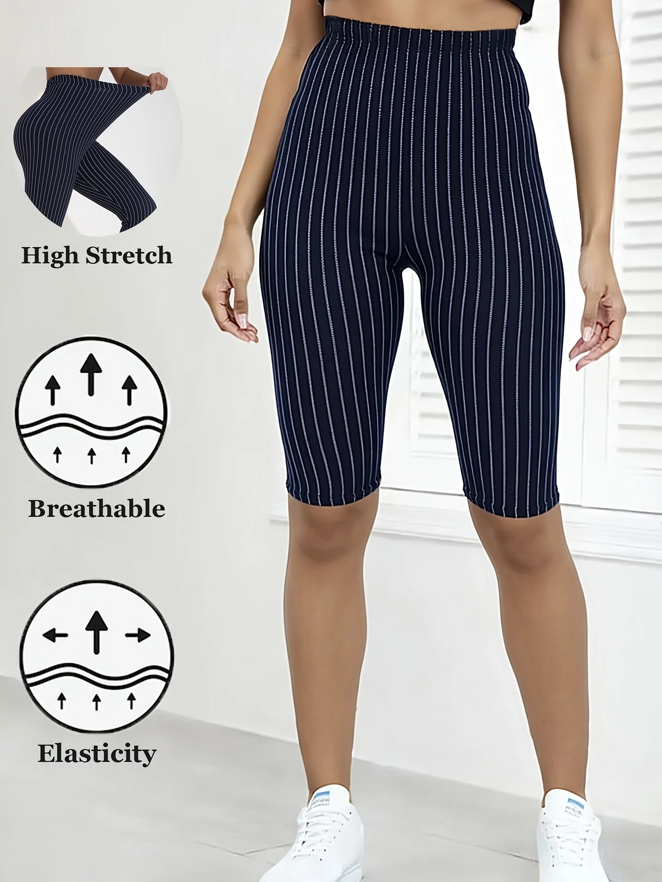 Stylish Navy Blue Striped Leggings Stretchy Soft Comfortable Outerwear Yoga Pants Fashionable Casual Five Fen Pants