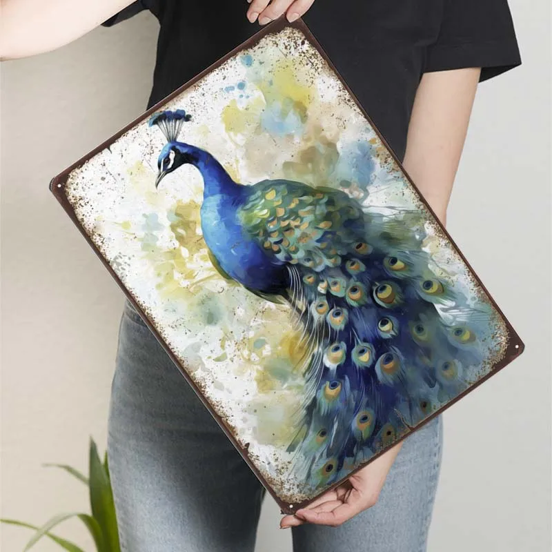 

Peacock Watercolor Tinplate Animal Metal Poster Art Mural Vintage Metal Signs for Wall Decoration Home Decor Retro Art of Murals