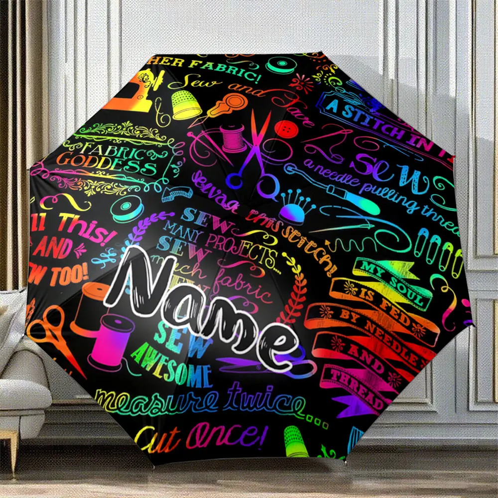 Custom Name Umbrella Colorful Sewing-Themed Quotes and Patterns Umbrella Design Portable Folding Umbrella,Christmas Gift