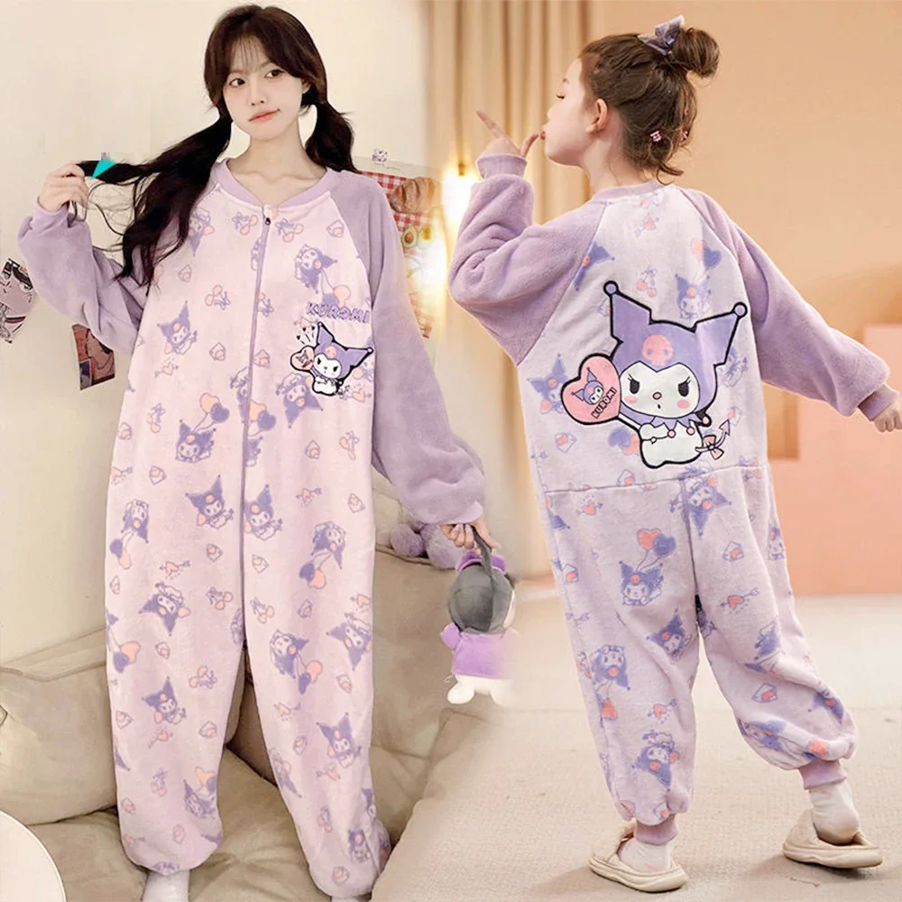 Kawaii Kuromi Plush Siamese Pajamas Sanrio My Melody Anime Thickened Women Child Jumpsuit Nightgown Cute Winter Warm Homewear