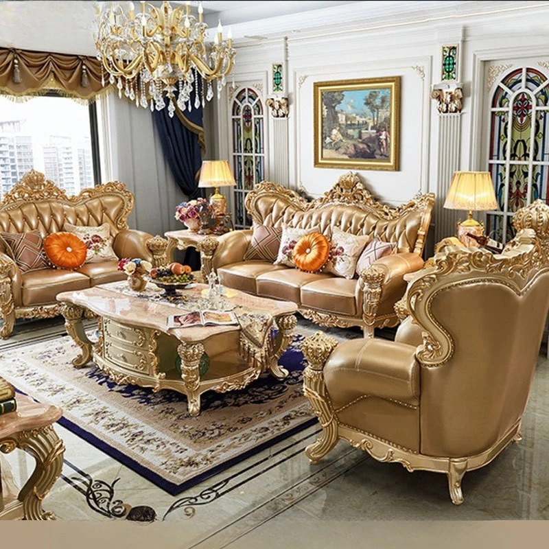 European high-end leather solid wood sofa combination, luxury atmosphere living room villa high-end furniture