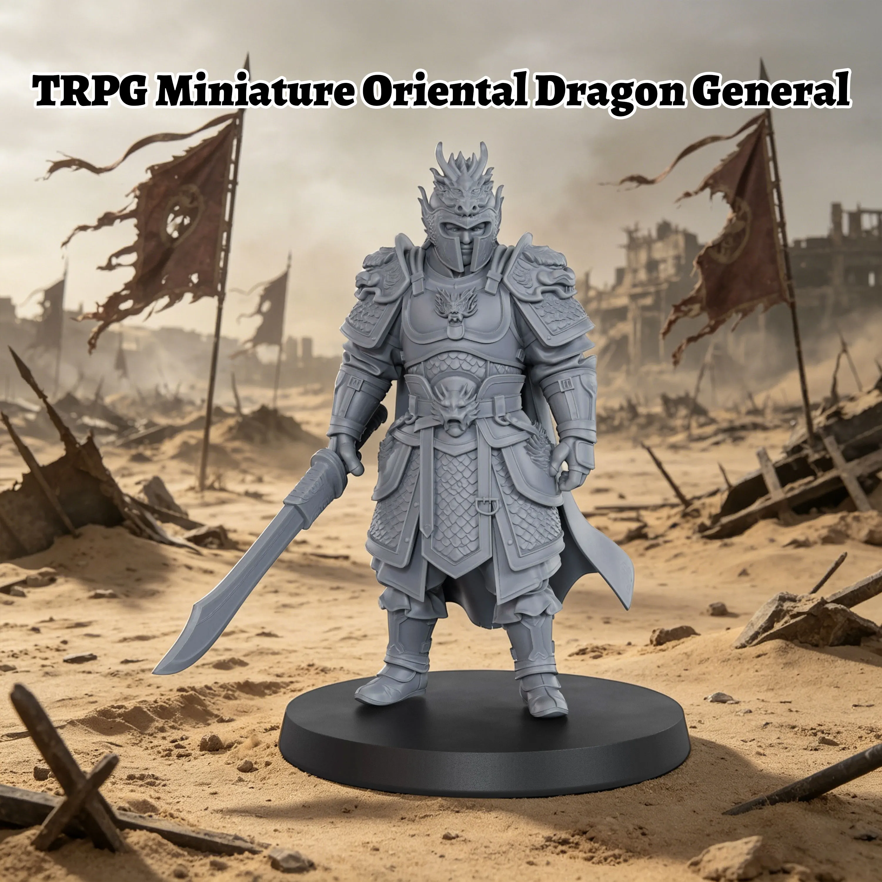 Oriental Dragon General Miniature 32mm/1:50 Scale, RPG Oriental Fantasy Warrior Statue, High Toughness Resin, Pretreated