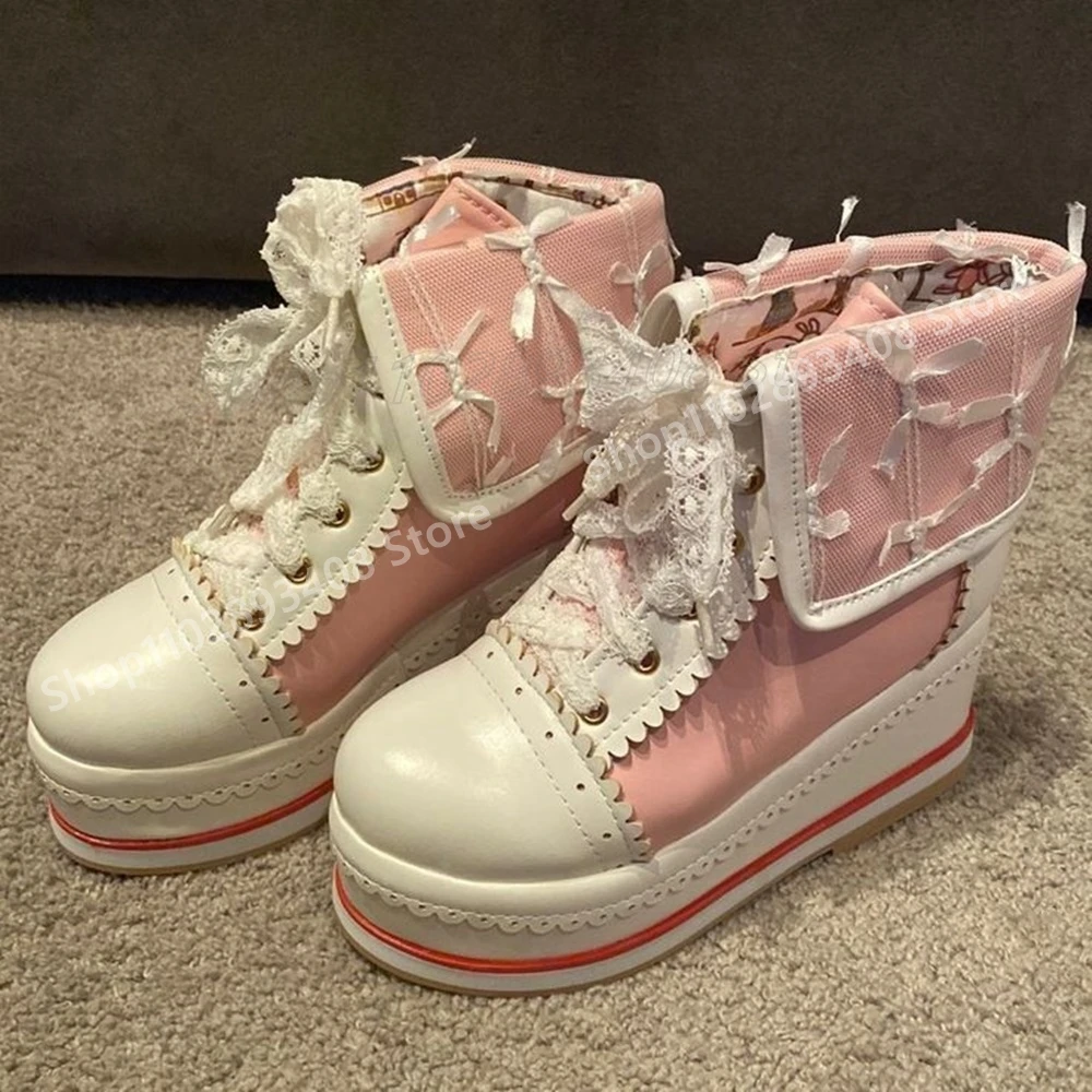 

Lace Butterfly Knot Sport Style Sweet Pumps Thickness Round Toe Pink and White Fashion Sexy Hot Women Shoes 2025 Para Mujere