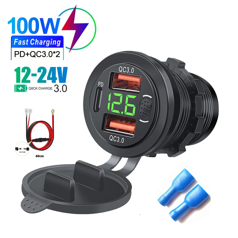 100W USB Car Charger Socket PD3.0 & QC3.0 3 Ports Waterproof with LED Voltmeter Touch Switch Fast Charging Car Moto Adapter