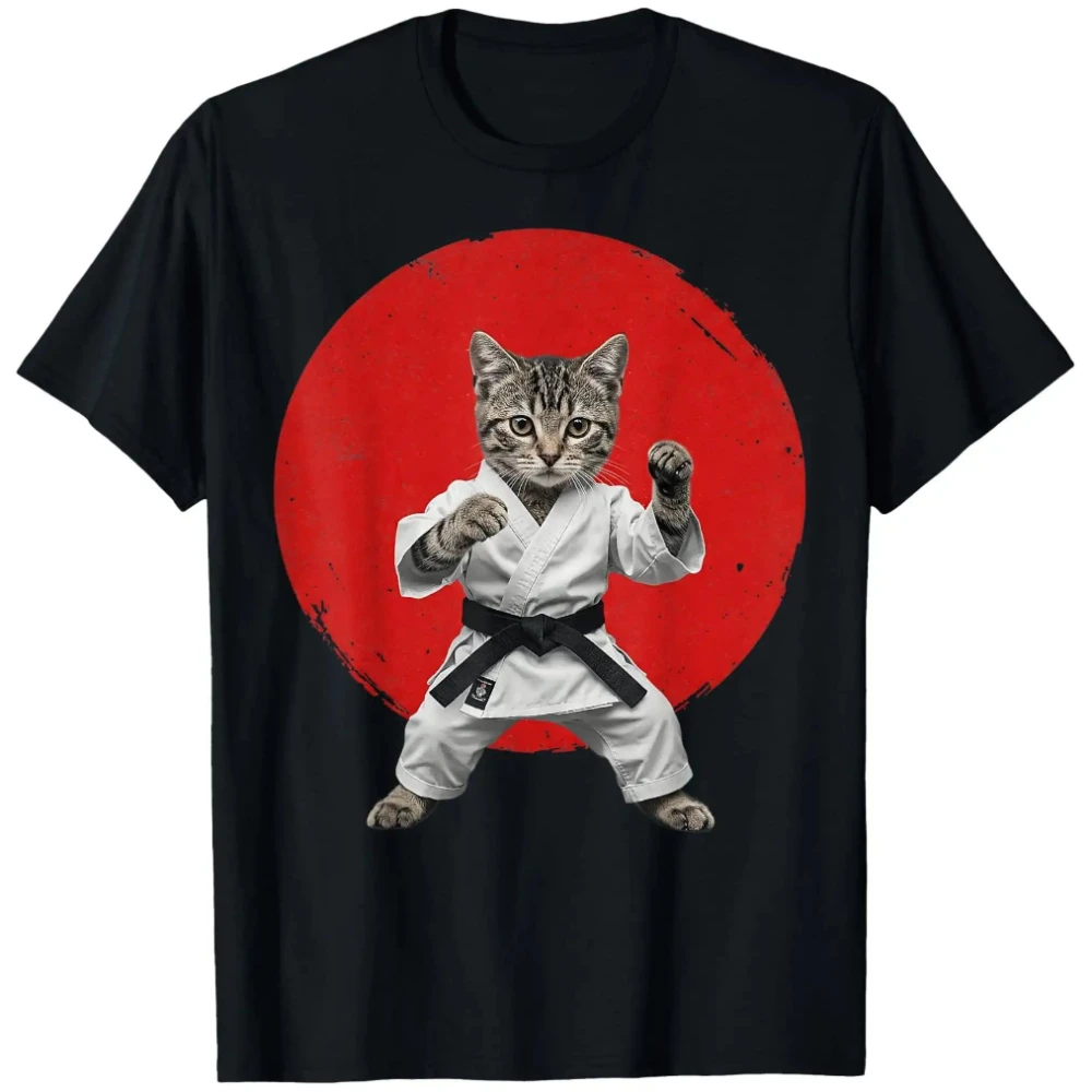 Men'S T-Shirt Single-Sided Print Round Neck Short Sleeve Karate Cat Black Belt Fun Martial Arts Judo Japanese Style T-Shirt