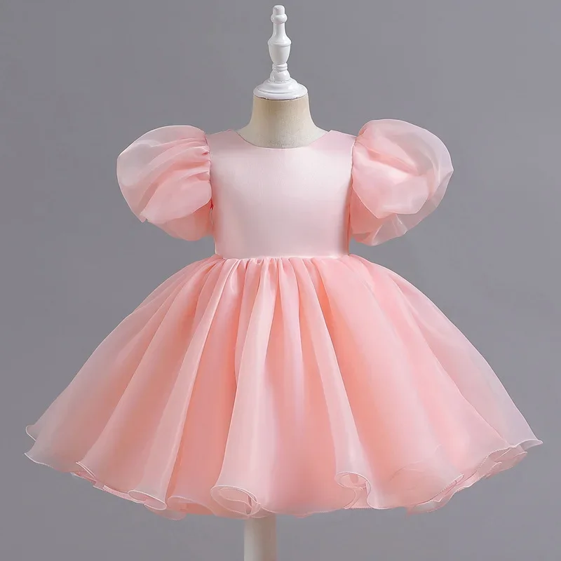 Fashion Solid Color Kids Girl Evening Gown Short Sleeve Baby Girl Dress Summer Girls Dresses for Party and Wedding 1-7 Years