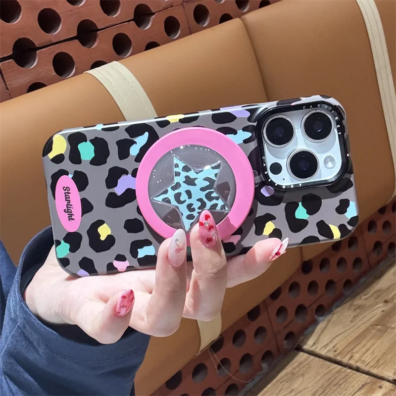 Fashion Color Leopard Print Magnetic Phone Case For iPhone 17 Pro 14 15 16 Pro Max Cover with Magsafe Star Stand Holder Cases