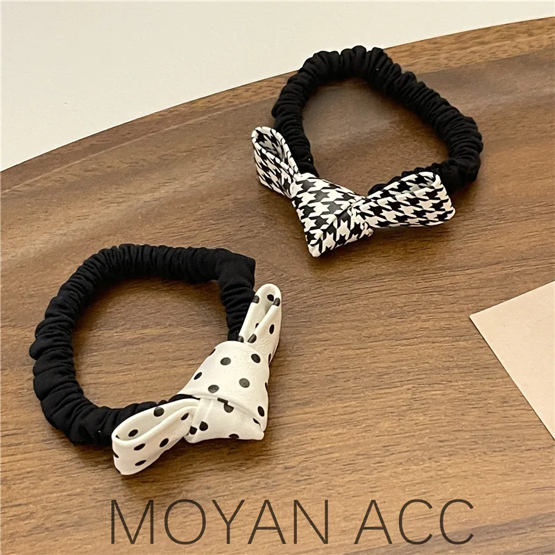 Korean Style Hair Ring Female Cute Cute Polka Dot Bowknot Headband Houndstooth Rhombus Hair Rope Bun Rubber Band Hair Accessorie