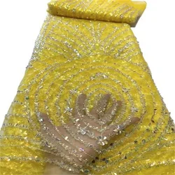 African Beads Lace Fabric 5 Yards Yellow High Quality Sequin Embroidered French Nigerian Tulle Lace Fabric For Wedding Party