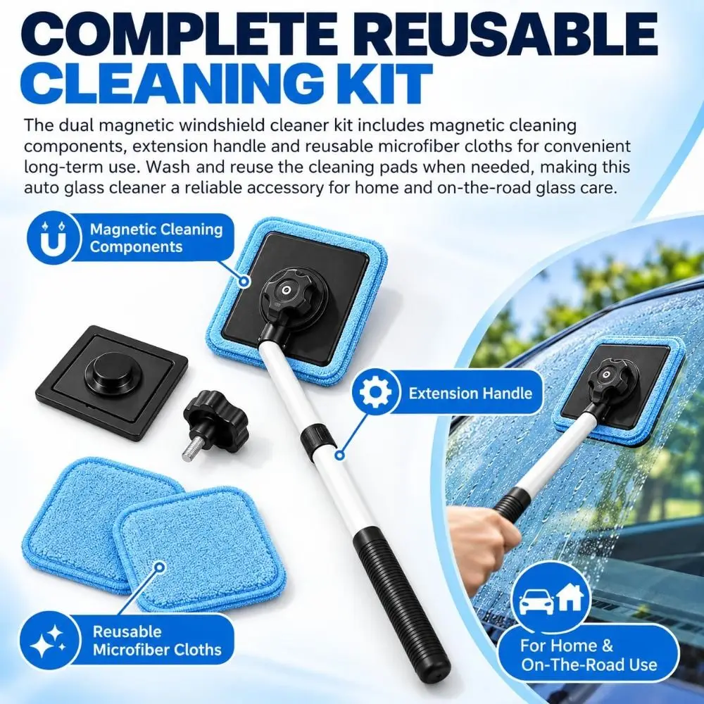 Extendable Handle Windshield Cleaner Magnetic Lock Streak-Free Windshield Cleaning Wand Detachable Pads Glass Cleaning Kit