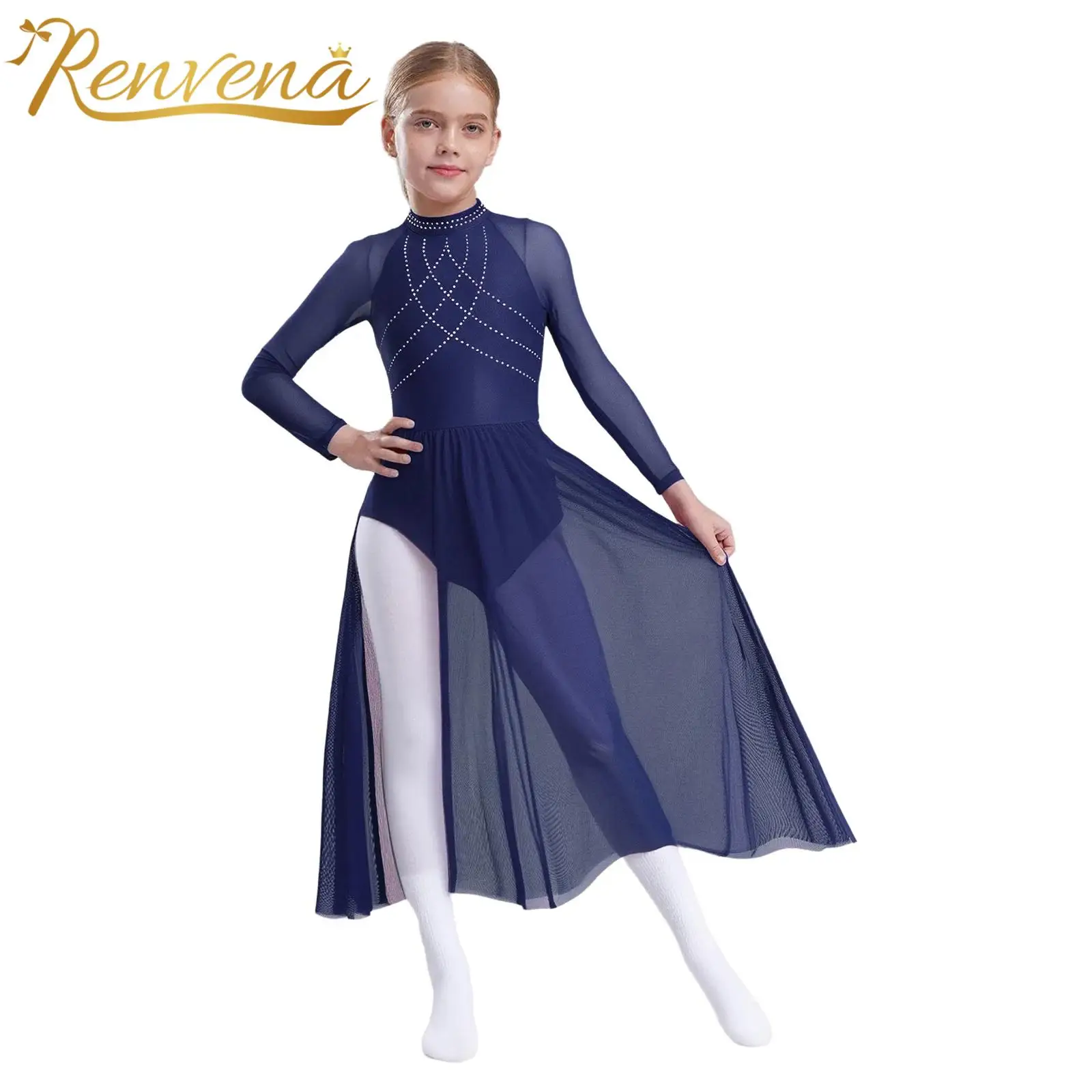 Children Lyrical Dance Costume Girls Roller Ice Skating Ballet Dress Modern Dancewear Sheer Mesh Dress Skirted Leotard Dresses