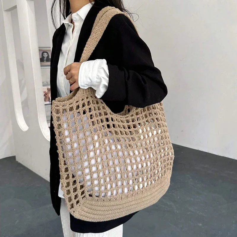 Fashion Crochet Bags for Women Summer Beach Tote Bag Raffia Aesthetic Totes Straw Handbag Bohemian Boho Woven Knit Shoulder Bag