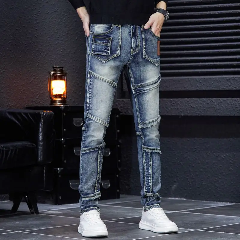 new handsome and personalized nostalgic multi pocket patchwork with raw edge elastic jeans for men's  denim jeans