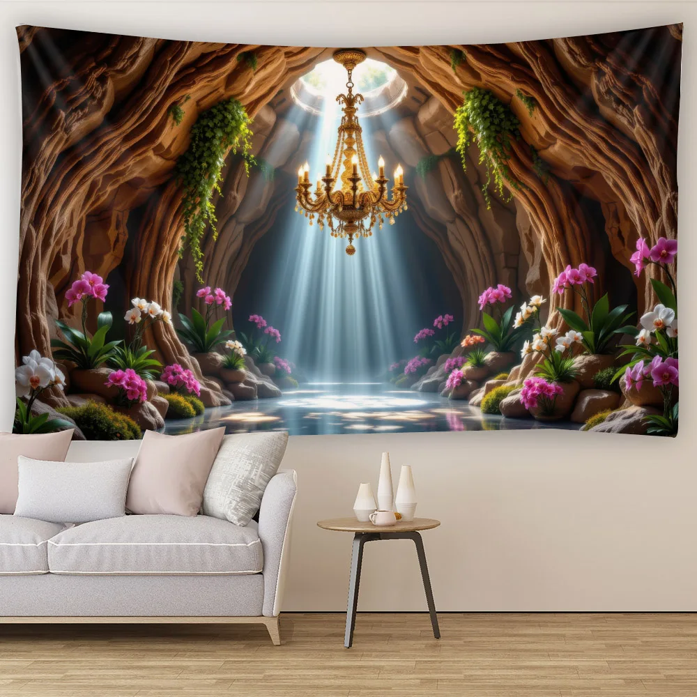 Mysterious Stone Cave Landscape Tapestry Flower Stone Wall Hanging Home Fabric Decoration Painting Office Background Poster