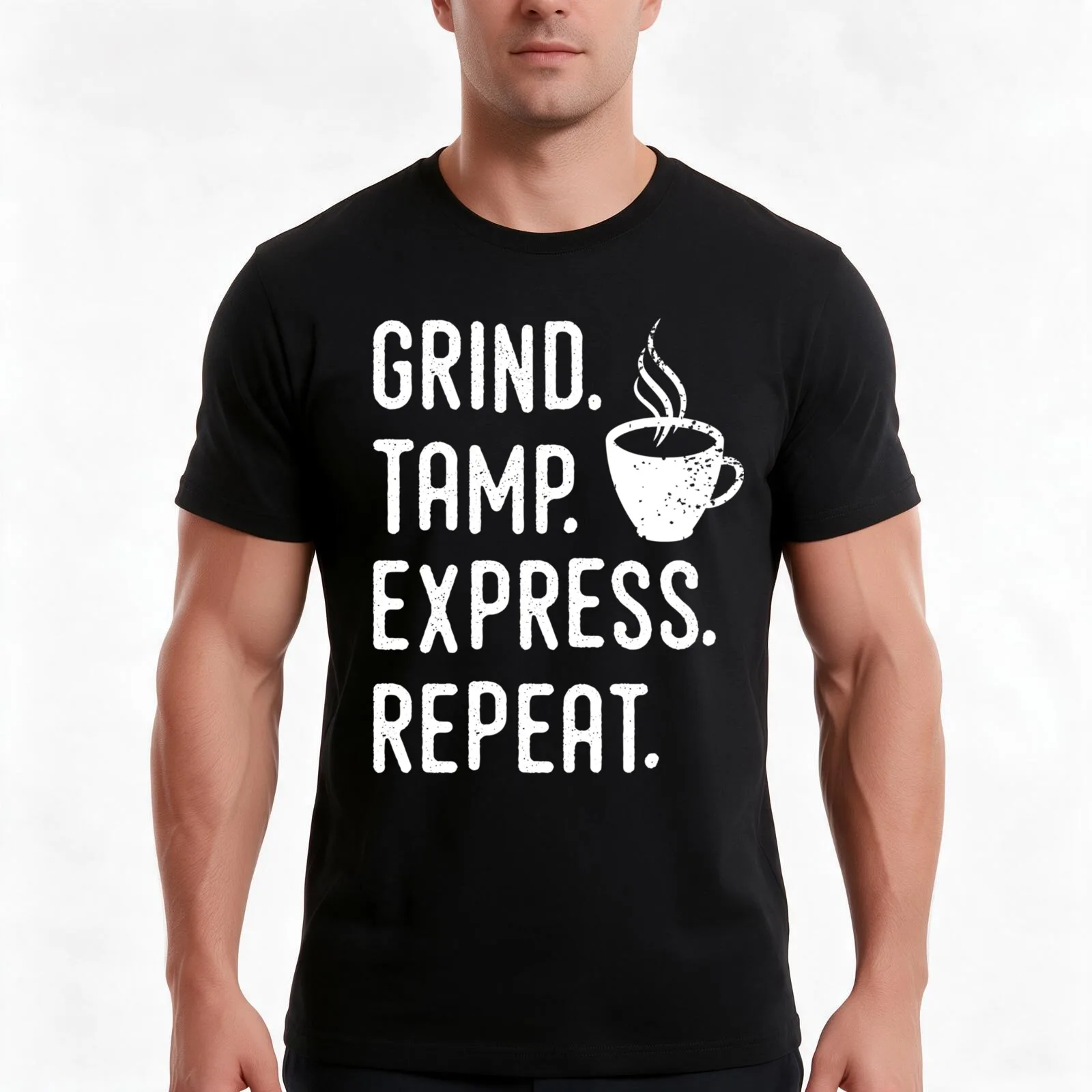Barista Espresso Design - Grind, Tamp, Express, Repeat - White Text T-Shirt, Summer Casual Cotton Tee, Oversized Streetwear Tops