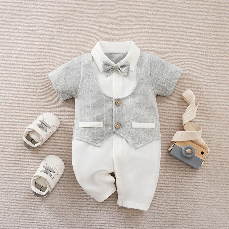 

Baby Boy 100% Cotton Short Sleeve 0-18 months Gentleman Tie Suits Outfit Handsome Jumpsuit Onesie Newborn Toddler Trendy Hipster