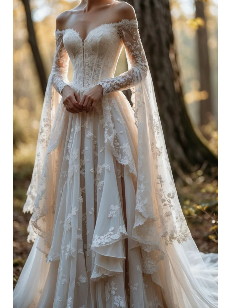 

Off Shoulder Long Sleeve Wedding Dress 3D Lace Corset A Line Bridal Gown Fairy Forest Wedding Dress Vintage Party Gown 2026