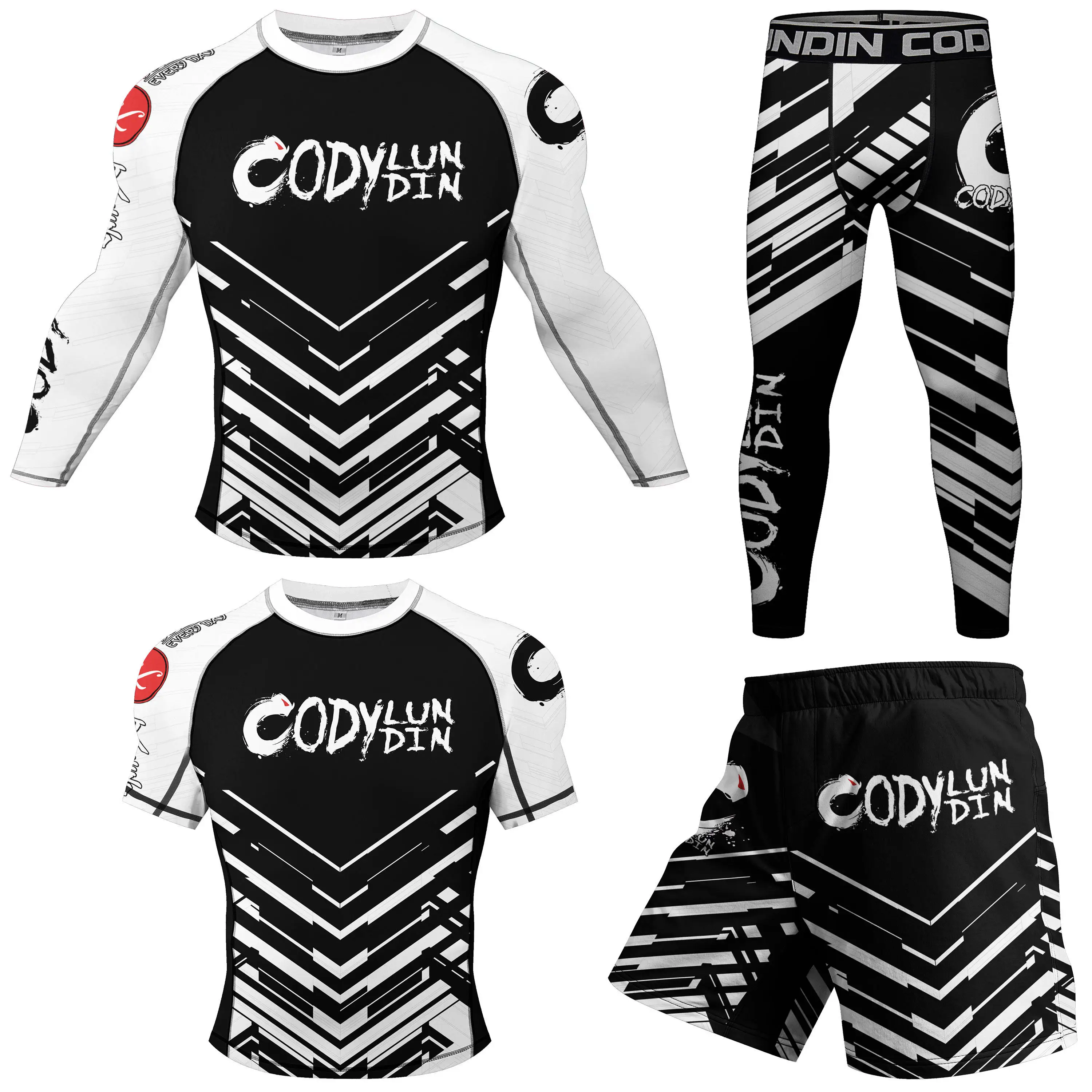 BJJ Anti Slip Bottom Rash Guard T-shirt+MMA Shorts Rashguard Jiu Jitsu Boxing MMA Compression Sets Sportswear for Men Clothing