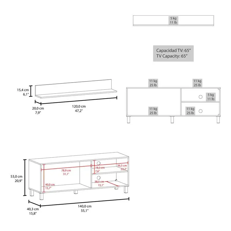 Meja TV Modern dengan Dua Pintu, Rak Terbuka, dan Permukaan Atas Luas, Unit Hiburan Putih