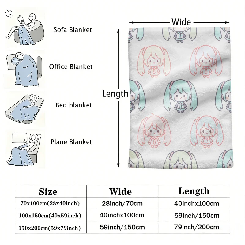 Hatsune Miku Pastel Chibi Print Flannel Throw Blanket Bedroom Decor Cute Anime Nap Blanket Air Conditioner Throw Sofa Throw Cove